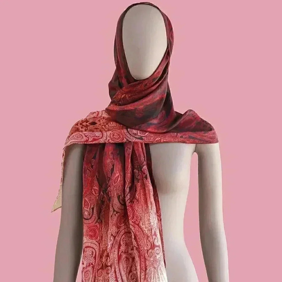 Accessories - Red Pink Ombre Paisley Sarong Bikini Cover Up Scarf One Size Shawl Wrap Festival